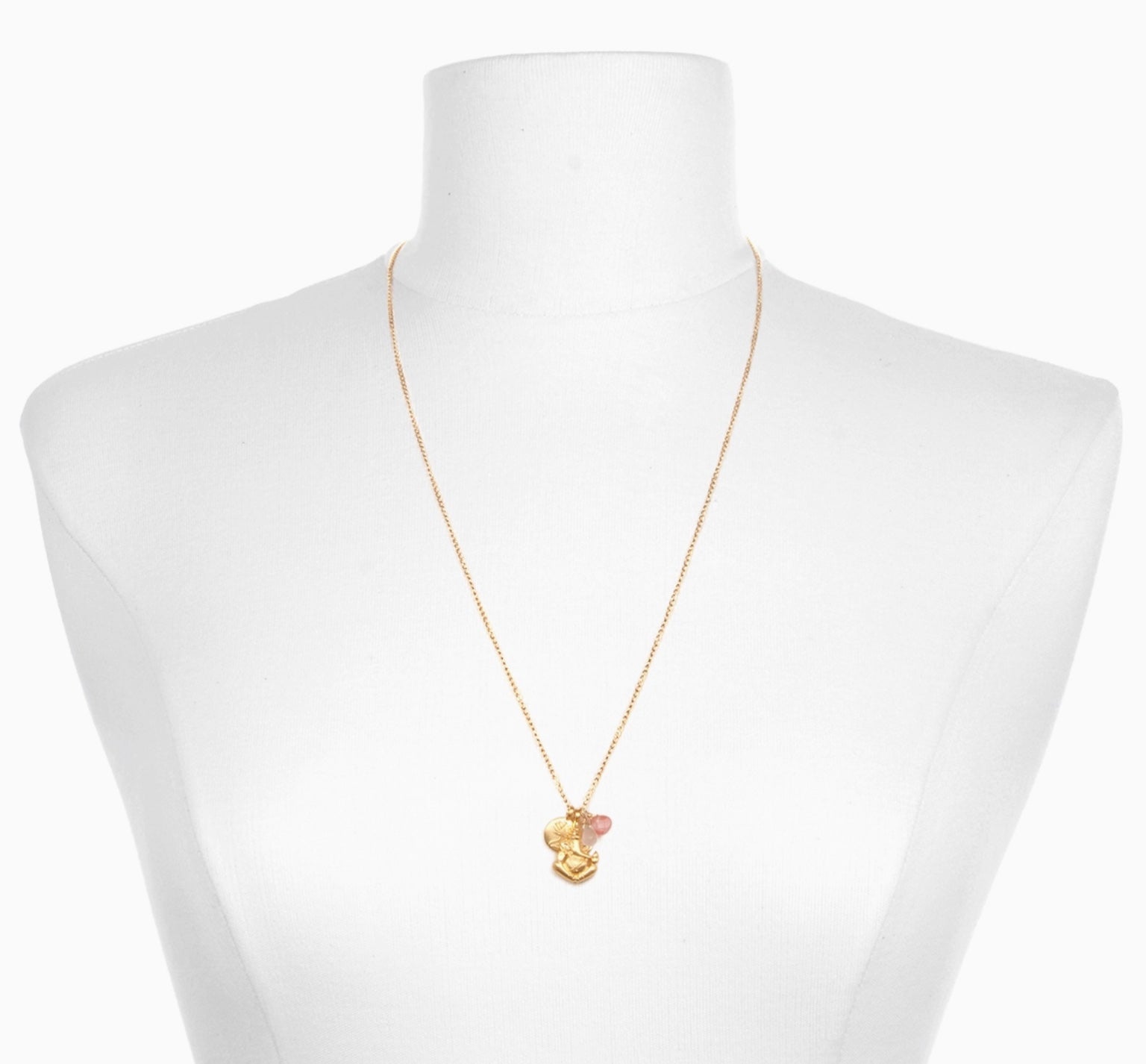 Rose Cherry Quartz Gold Ganesha Lotus Necklace