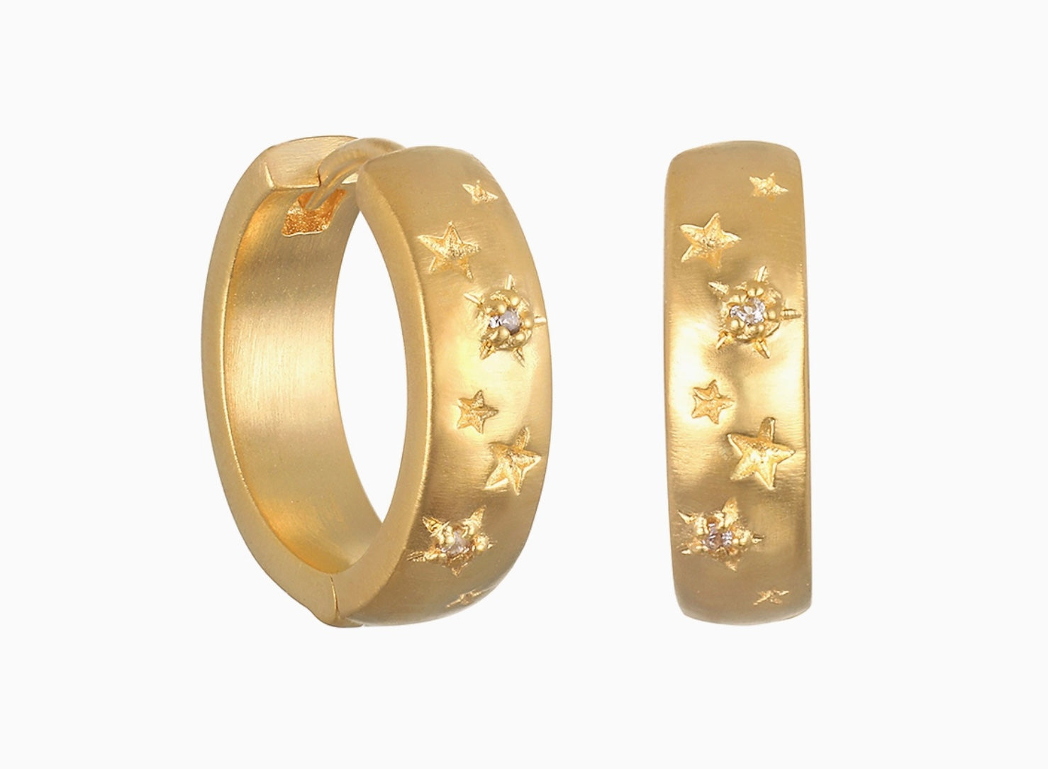 White Topaz Gold Huggies with Stars