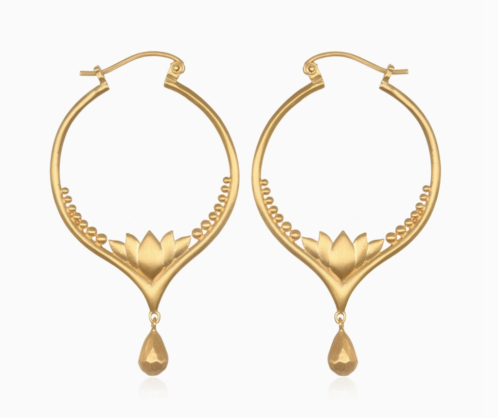 Gold Lotus Drop Hoop Earrings