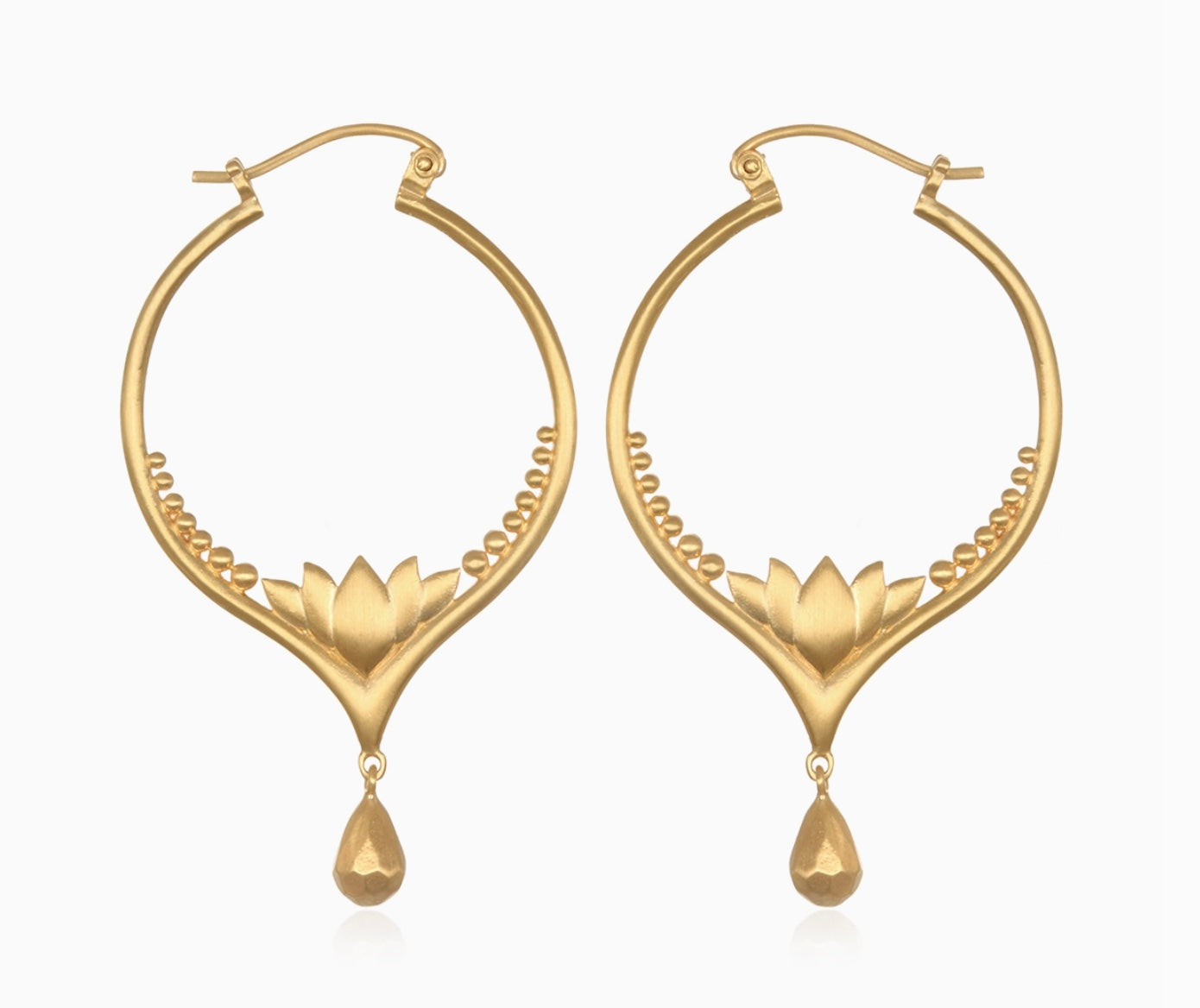 Gold Lotus Drop Hoop Earrings
