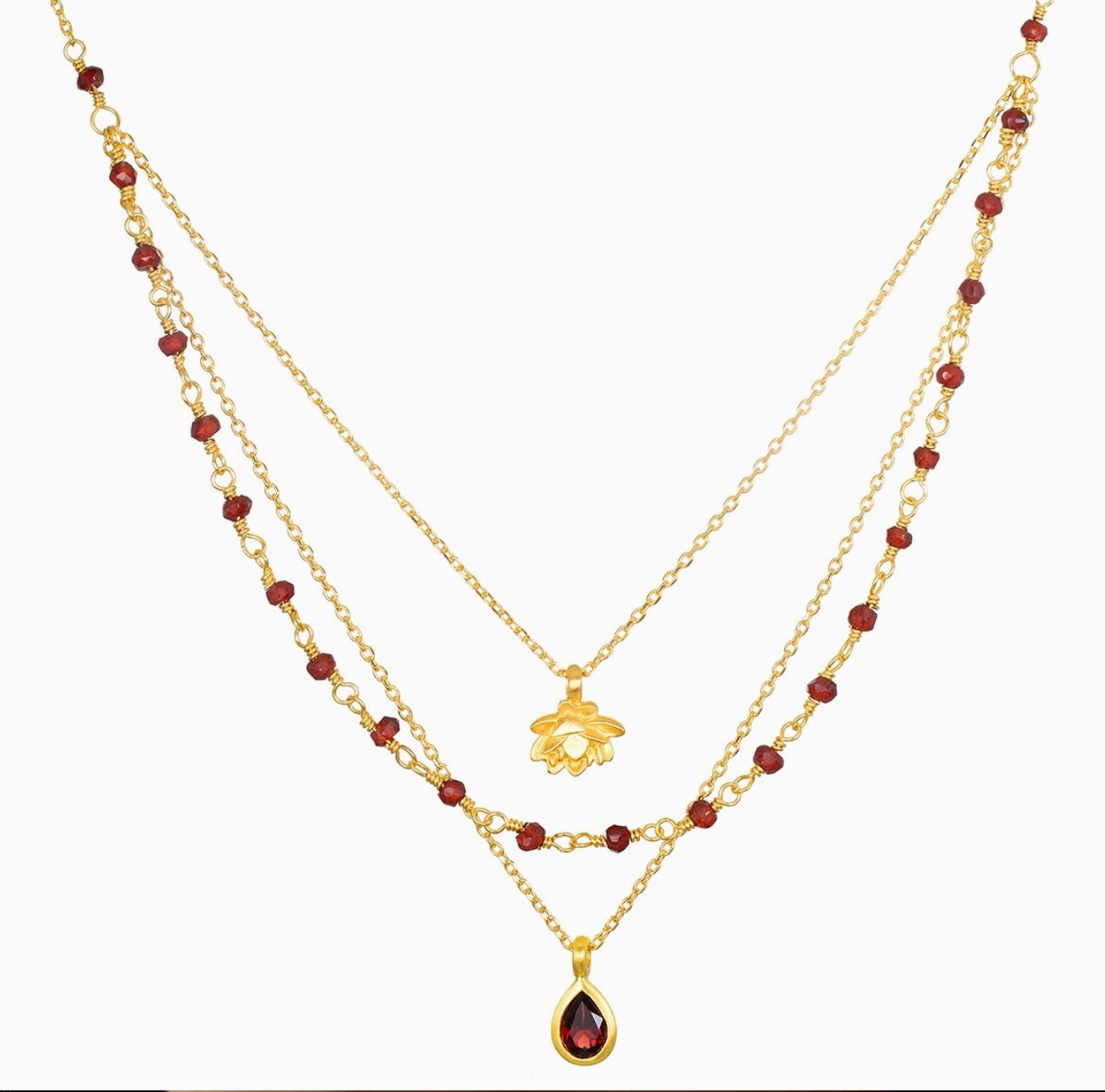 Embrace Change Garnet Lotus Triple Necklace 18''