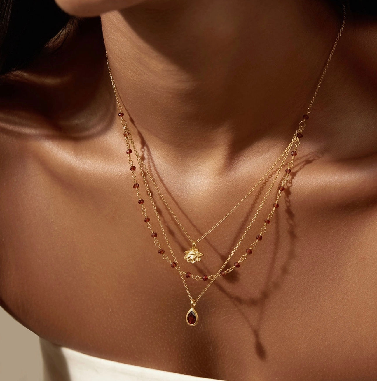 Embrace Change Garnet Lotus Triple Necklace 18''