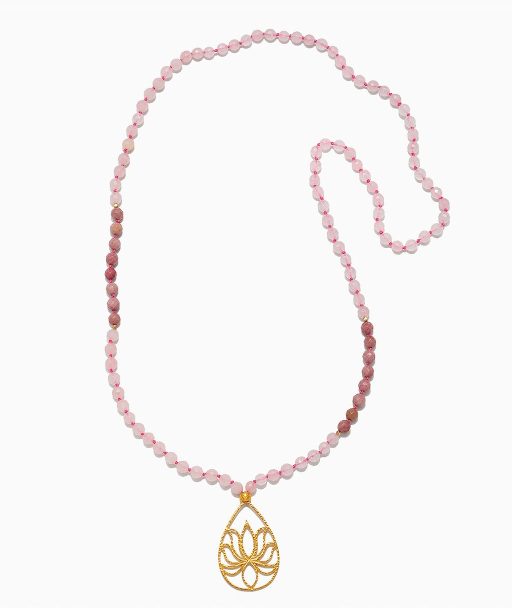 33" Rose quartz color block lotus mala
