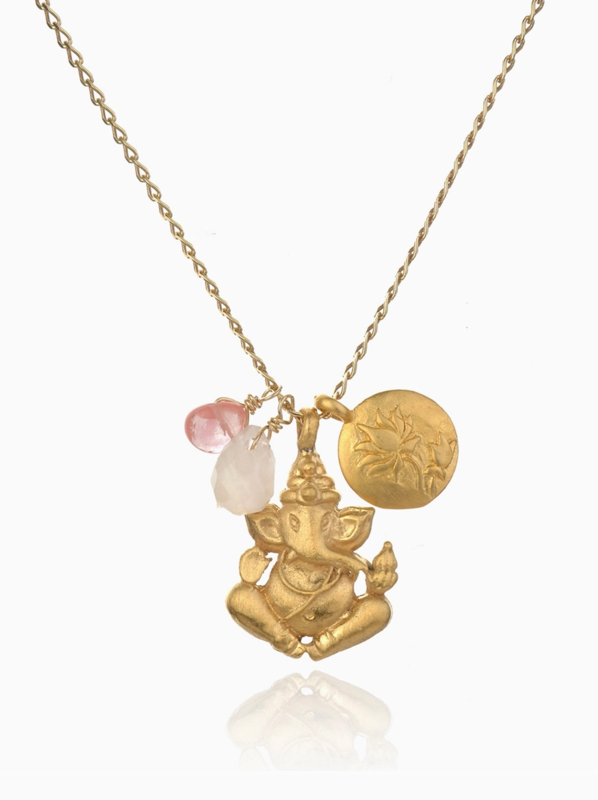 Rose Cherry Quartz Gold Ganesha Lotus Necklace