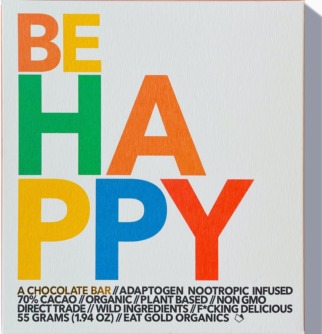 Chocolate bar packaging with 'Be Happy' text in colorful letters on a white background.